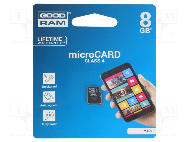 Memory card; SD HC Micro; 8GB; Read: 15MB/s; Write: 4MB/s; Class 4