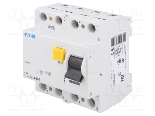 RCD breaker; Inom: 25A; Ires: 0.03A; Max surge current: 250A; IP40