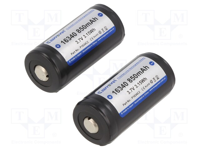 Re-battery: Li-Ion; 16340; 3.7V; 850mAh; Ø16.8x35.7mm