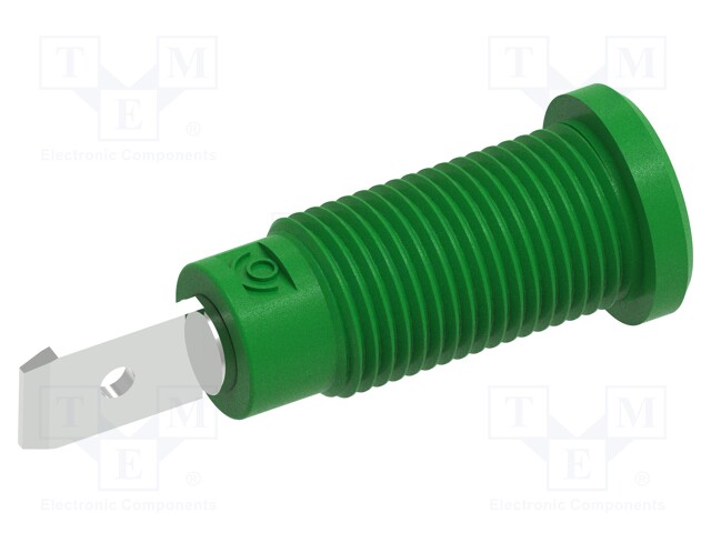 Socket; 2mm banana; 10A; 600V; 29.2mm; green; on panel,screw