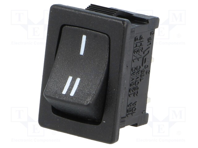 ROCKER; SPDT; Pos: 2; ON-(ON); 10A/250VAC; black; none; 50mΩ; UL94V-2