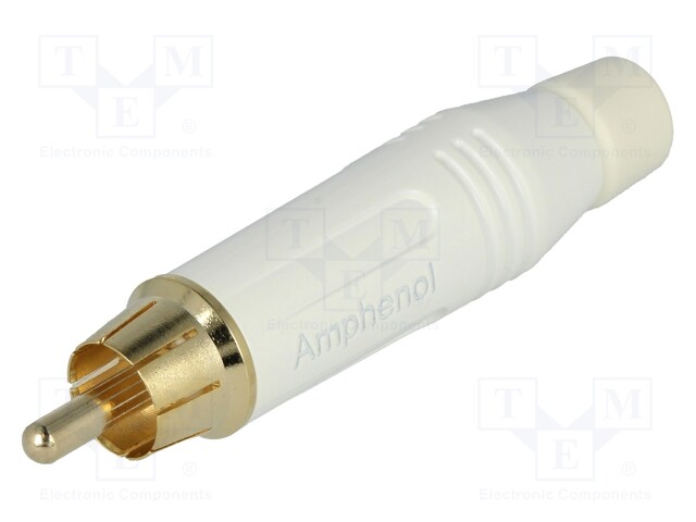 Plug; RCA; male; straight; soldering; white; gold-plated; for cable