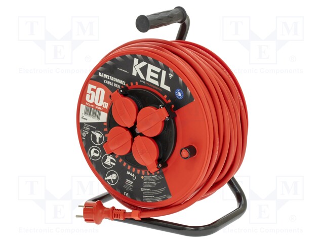 Extension lead; reel; Sockets: 4; rubber; red; 3x2,5mm2; 50m; 16A