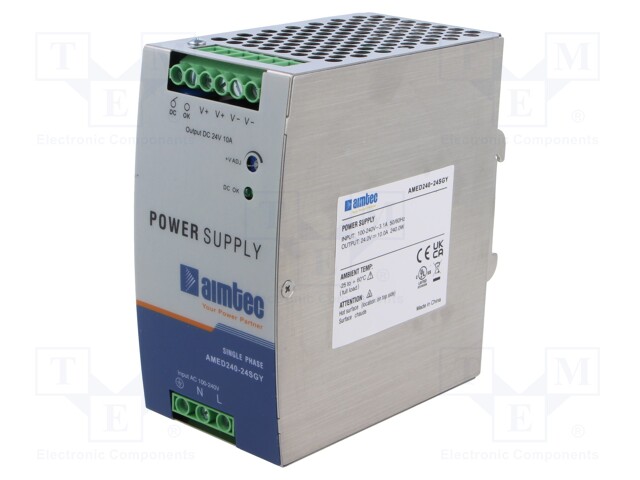 Power supply: switched-mode; for DIN rail; 240W; 24VDC; 10A; 3kV