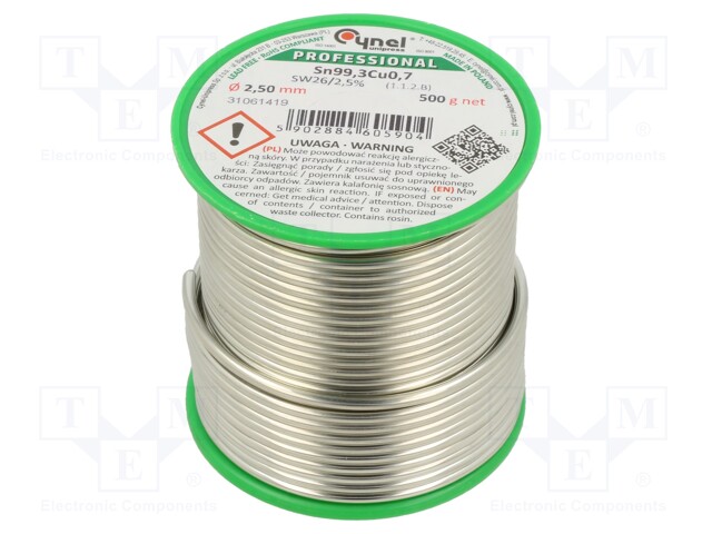 Soldering wire; Sn99,3Cu0,7; 2.5mm; 500g; lead free; Package: reel