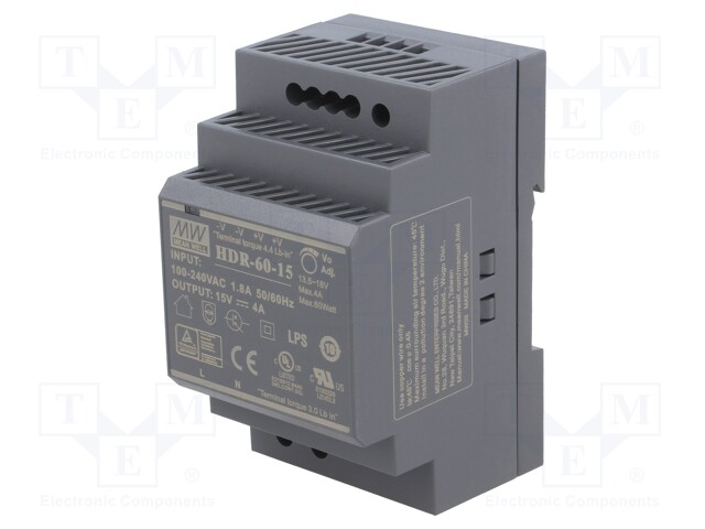 Power supply: switched-mode; 60W; 15VDC; 13.5÷18VDC; 4A; 85÷264VAC