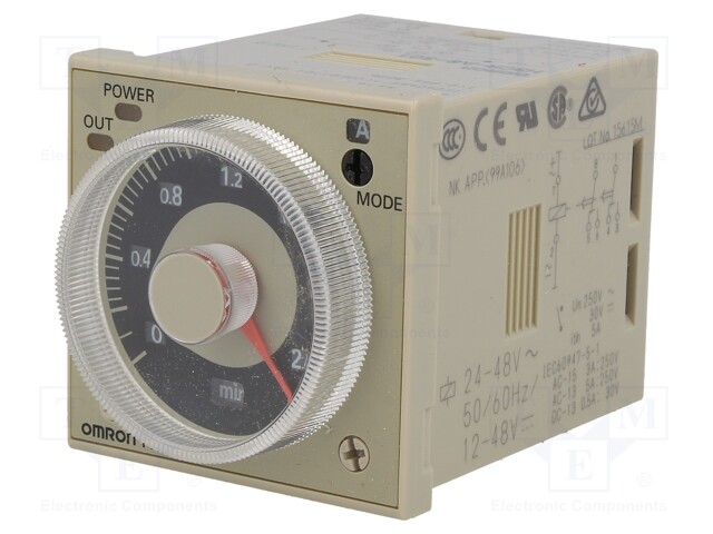 Timer; 0,1s÷600h; DPDT; 250VAC/5A; 24÷48VAC; 12÷48VDC; -10÷55°C