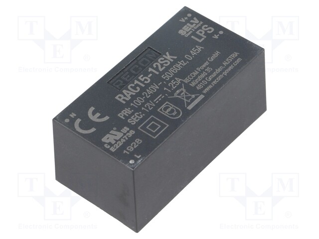 Converter: AC/DC; 15W; Uout: 12VDC; Iout: 1.67A; 86%; Mounting: PCB