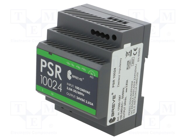 Power supply: switched-mode; for DIN rail; 92W; 24VDC; 3.83A; IP20