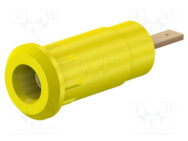 Socket; 2mm banana; 10A; 28mm; yellow; Mounting: soldered,on panel