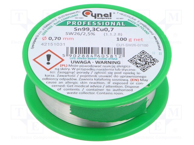 Soldering wire; Sn99,3Cu0,7; 0.7mm; 100g; lead free; Package: reel