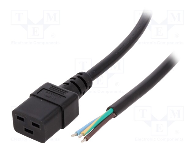 Cable; IEC C19 female,wires; Len: 5m; black; PVC; 3G1,5mm2