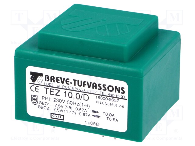 Transformer: encapsulated; 10VA; 230VAC; 7.5V; 7.5V; 666.6mA; IP00