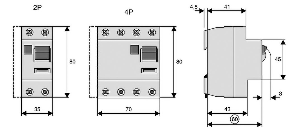 RCD breaker; Inom: 63A; Ires: 30mA; Max surge current: 250A; IP40