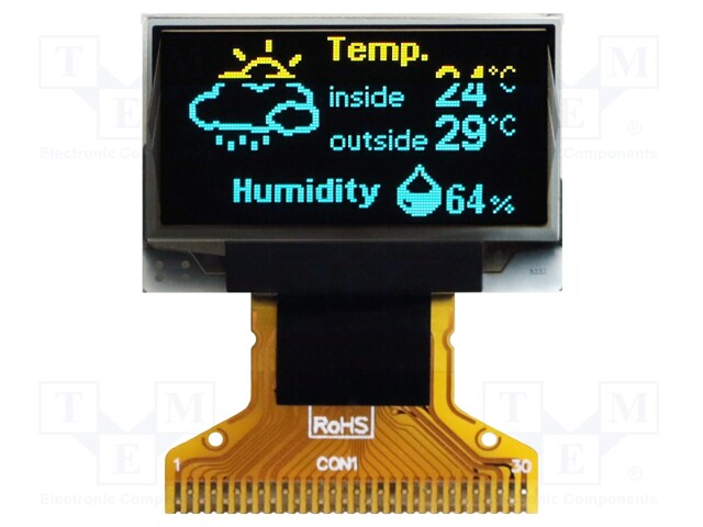 Display: OLED; graphical; 0.96"; 128x64; Dim: 24.7x16.59x1.26mm