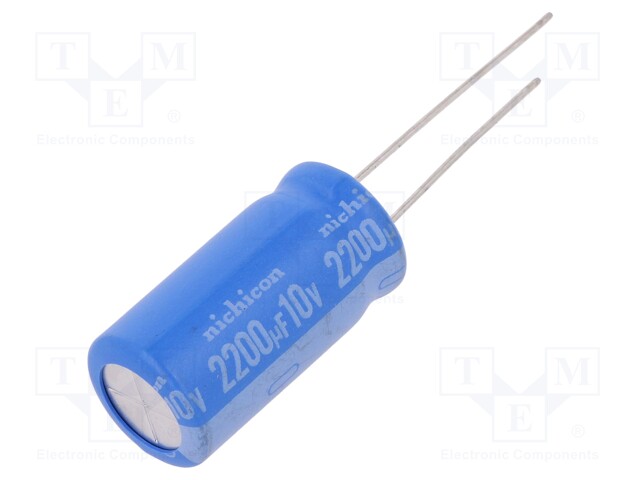 Capacitor: electrolytic; THT; 2200uF; 10VDC; Ø12.5x25mm; Pitch: 5mm