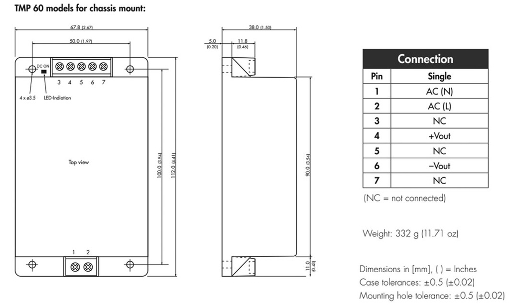 Converter: AC/DC; 51W; Uout: 5.1VDC; Iout: 10A; 79%; Series: TMP 60