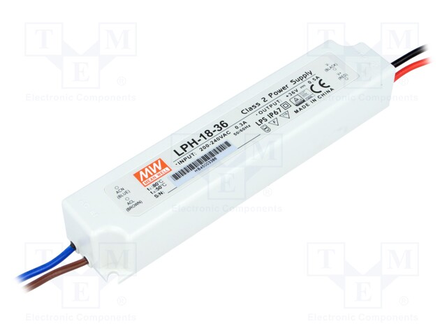 Power supply: switched-mode; LED; 18W; 36VDC; 0.5A; 180÷264VAC