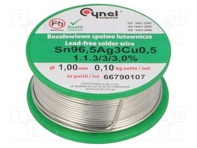 Soldering wire; Sn96,5Ag3Cu0,5; 1mm; 100g; lead free; 217÷219°C