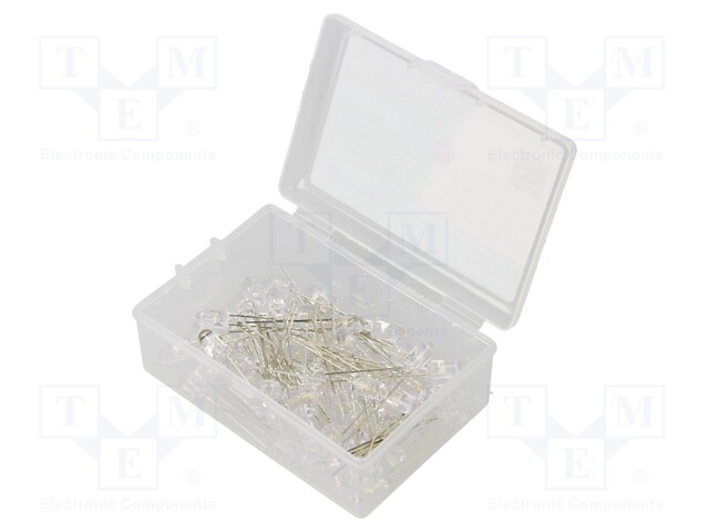 Kit: LED; 5mm; THT; 50pcs; white warm; 3÷15V; plastic box; 7.5mA; 30°