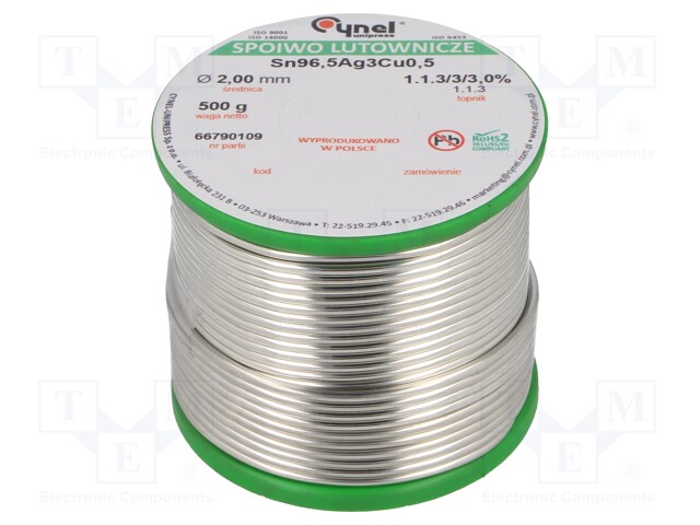 Soldering wire; Sn96,5Ag3Cu0,5; 2mm; 500g; lead free; 217÷219°C