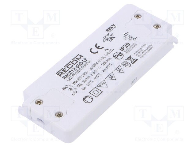 Power supply: switched-mode; LED; 12W; 2÷24VDC; 500mA; 198÷264VAC