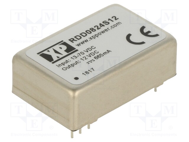 Isolated Board Mount DC/DC Converter, Railway, 1 Output, 8 W, 12 V, 665 mA