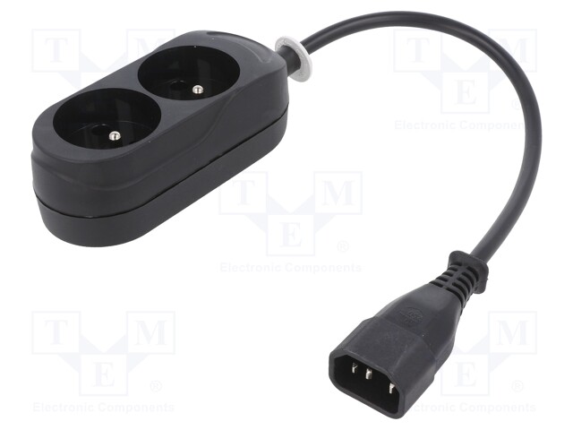 Cable; CEE 7/5 (E) socket,IEC C14 male; 0.3m; Sockets: 2; black