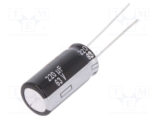 Capacitor: electrolytic; THT; 220uF; 63VDC; Ø10x20mm; Pitch: 5mm