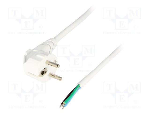 Cable; CEE 7/7 (E/F) plug angled,wires; 2.5m; white; PVC; 3x1mm2