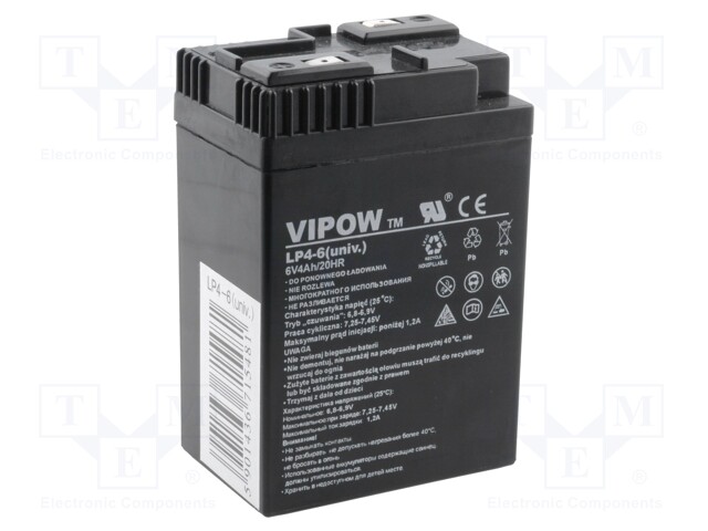 Re-battery: acid-lead; 6V; 4Ah; AGM; maintenance-free; 70x47x105mm