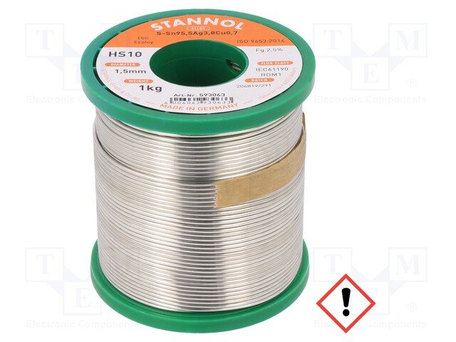 Soldering wire; Sn95Ag4Cu1; 1.5mm; 1kg; lead free; Package: reel