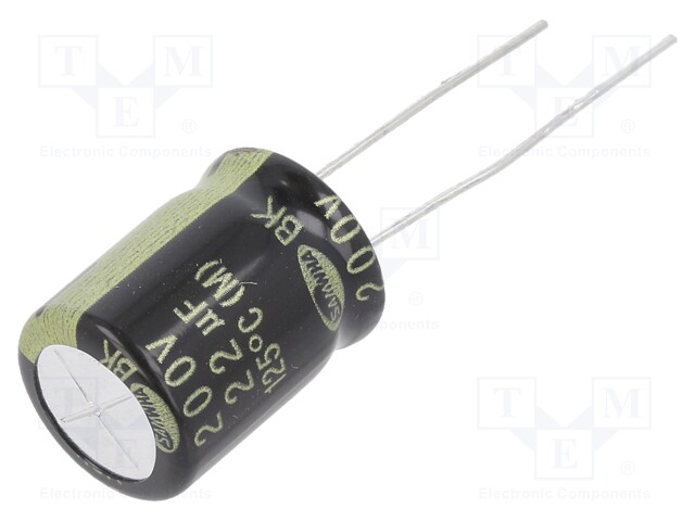 Capacitor: electrolytic; THT; 22uF; 200VDC; Ø12.5x16mm; ±20%; 5000h