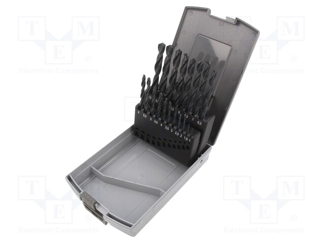 Drill set; for metal; Pcs: 19; Mat: HSS-R; Package: plastic box