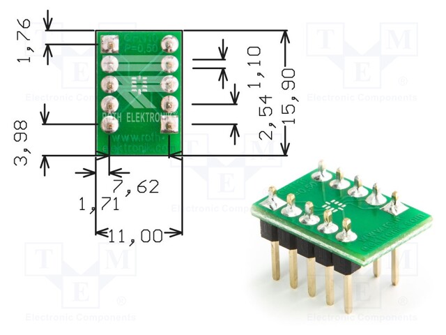 IC Adapter, PCB, 10-QFN, 7.62 mm Row Pitch, 2.54 mm Spacing