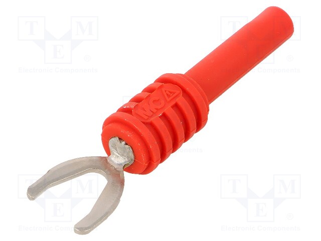 Plug; 8,2mm fork; 20A; red; 56mm; Plating: nickel plated