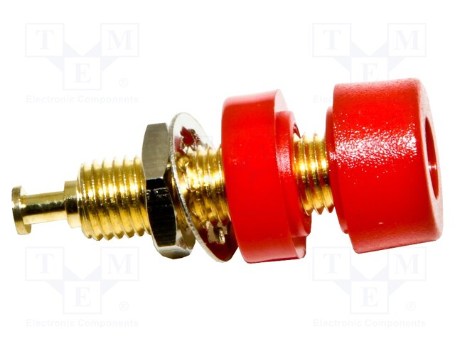 Socket; 4mm banana; 15A; red; gold-plated; soldered,panel; 10pcs.