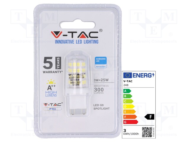 LED lamp; cool white; G9; 220/240VAC; 300lm; 3W; 6400K; CRImin: 80