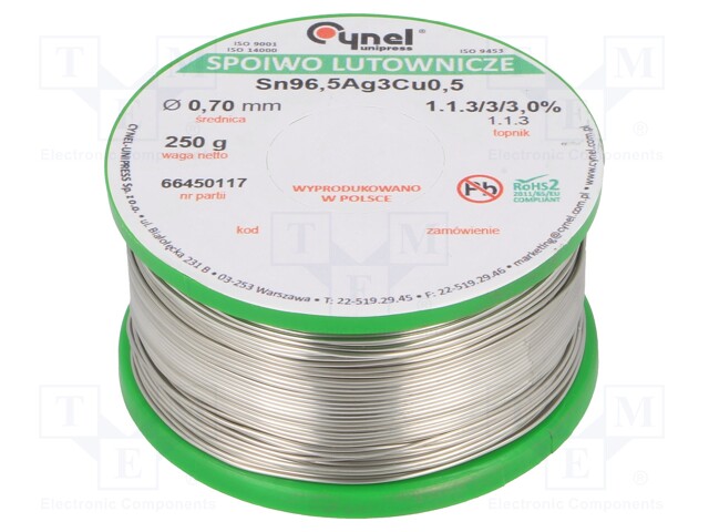 Soldering wire; Sn96,5Ag3Cu0,5; 700um; 250g; lead free; 217÷219°C