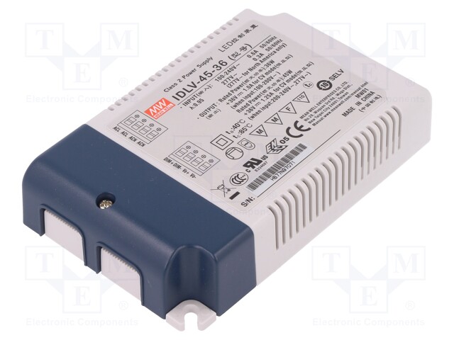 Power supply: switched-mode; LED; 45W; 36VDC; 1.25A; 90÷295VAC