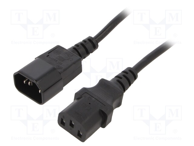 Cable; IEC C13 female,IEC C14 male; 1.8m; black; PVC; 3x0,5mm2; 6A