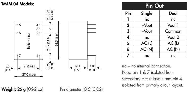 Converter: AC/DC; 4W; Uout: 9VDC; Iout: 444mA; 72%; Mounting: PCB