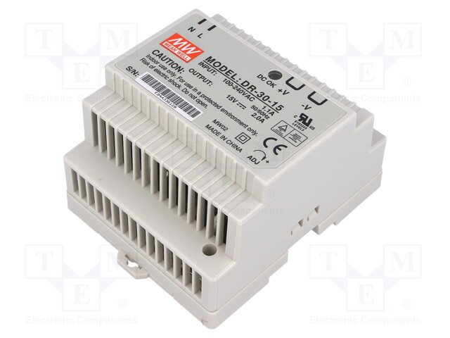 Power supply: switched-mode; 30W; 15VDC; 13.5÷16.5VDC; 2A; 270g