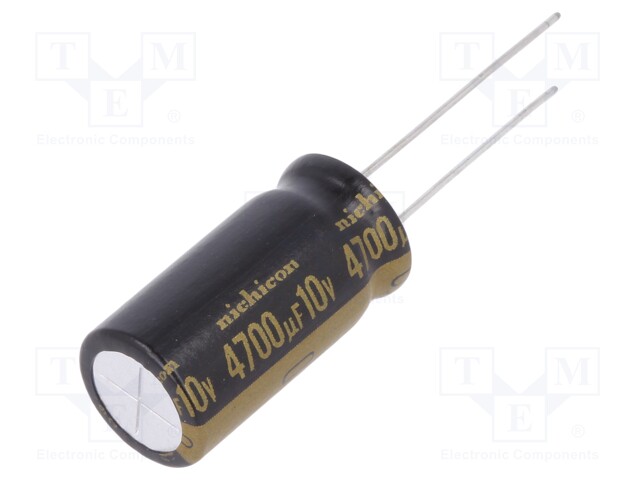 Capacitor: electrolytic; THT; 4700uF; 10VDC; Ø12.5x25mm; Pitch: 5mm