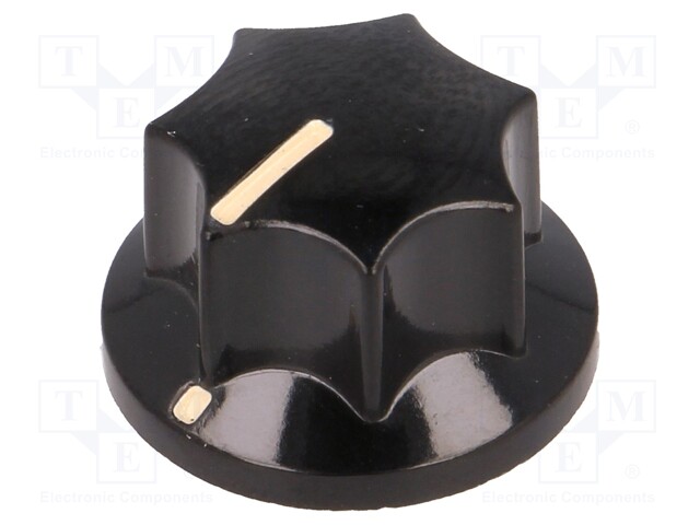 Knob; with pointer; bakelite; Shaft d: 6mm; Ø15x12.3mm; black