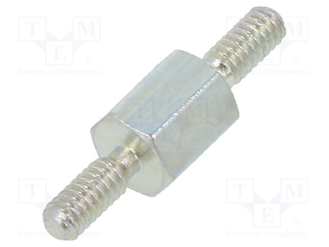 Screwed spacer sleeve; 5mm; Ext.thread: M2; hexagonal; steel; zinc