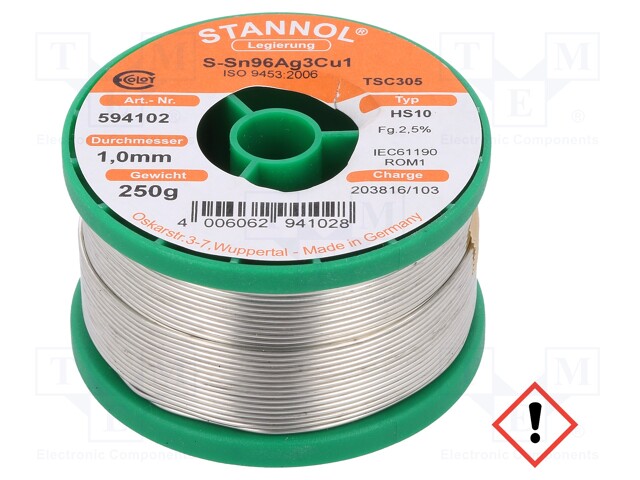 Soldering wire; Sn96Ag3Cu1; 1mm; 0.25kg; lead free; Package: reel