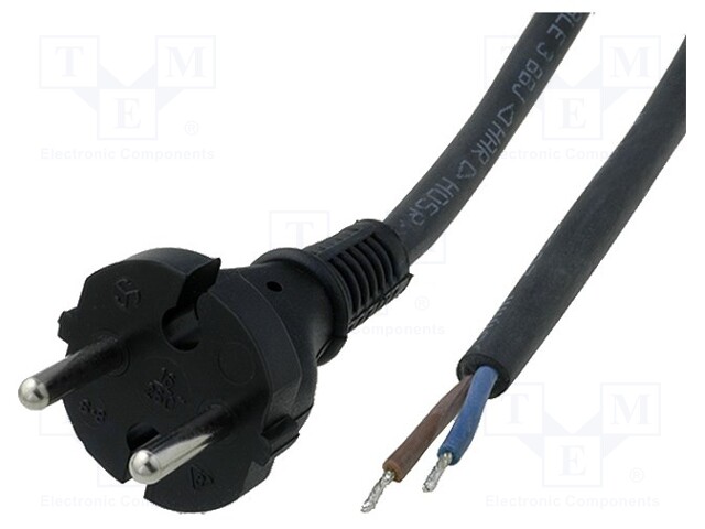 Cable; CEE 7/17 (C) plug,wires; Len: 2m; black; rubber; 2x1,5mm2