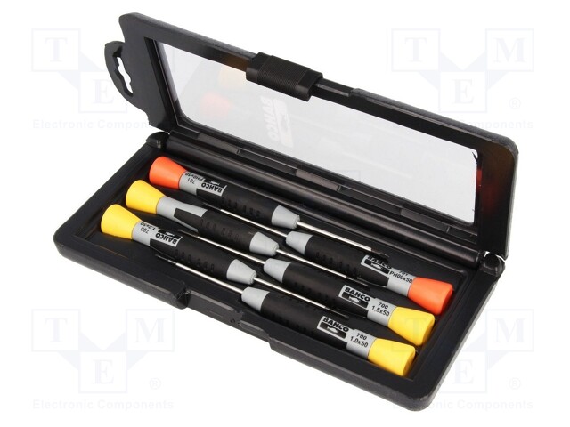 Screwdrivers; Pcs: 6; Package: plastic box; Bit: Phillips,slot