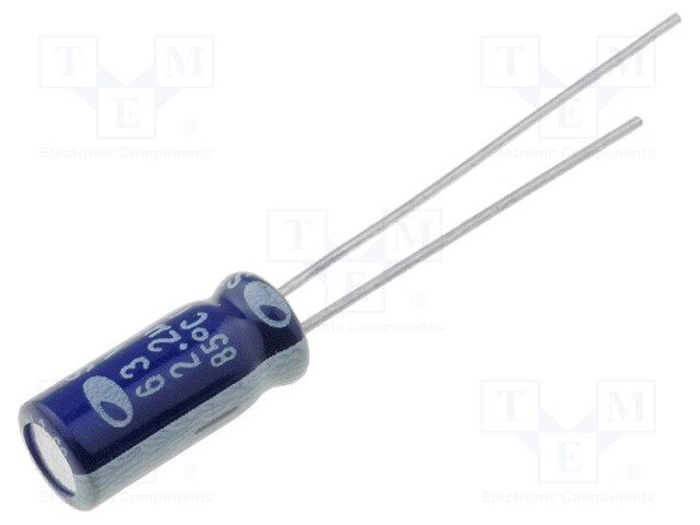 Capacitor: electrolytic; THT; 2.2uF; 63VDC; Ø5x11mm; Pitch: 2mm